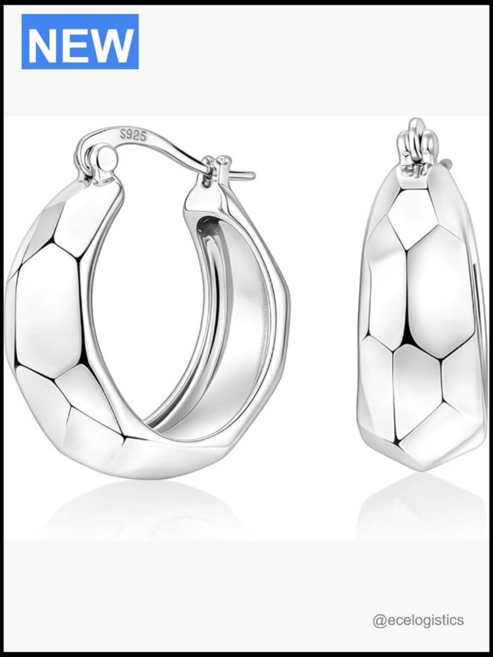 Chunky 925 Sterling Silver Hoop Earrings Diamond-Cut Hypoallergenic Lightweight
